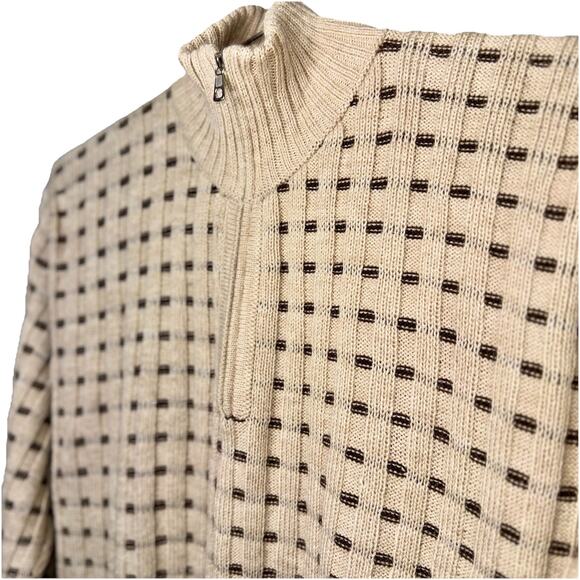 Men's XXL 100% Alpaca Rib Striped Beige Brown Peruvian Knit Quarter Zip Sweater - Picture 2 of 4
